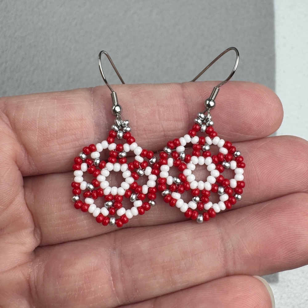 Red White Silver Mandala Handmade Dangle Earrings‎ for Women Glass Seed Bead